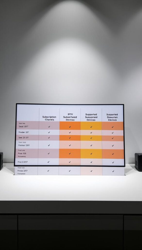 A high-quality, minimalist comparison table showcasing the various IPTV subscription plans offered by the Hoxtoon Provider. The table is displayed on a sleek, modern desktop setup, with a clean white background and subtle lighting from above, casting soft shadows. The table features distinct columns outlining the plan names, number of channels, supported devices, and pricing, all presented in a clear and organized manner. The overall aesthetic is professional and visually appealing, complementing the informative nature of the content.