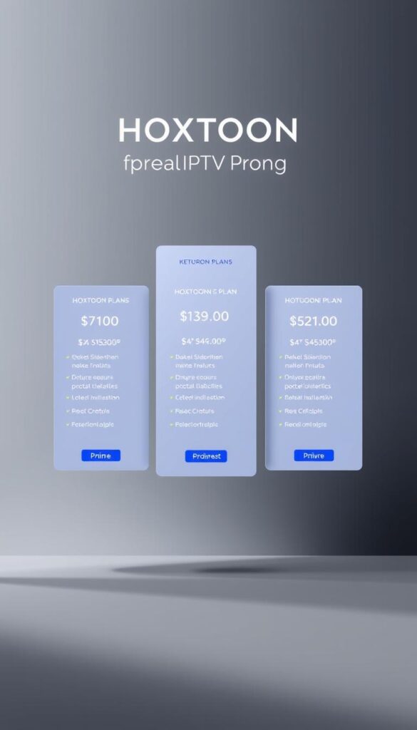 A high-quality, minimalist digital illustration showcasing the subscription plans and pricing offered by Hoxtoon Provider, a leading IPTV service. The image features a sleek, elegant layout with three plan tiers prominently displayed, each accompanied by a clear breakdown of the features and pricing. The plans are presented against a sophisticated, muted background with subtle lighting and depth, creating a sense of premium quality and value. The Hoxtoon Provider logo is subtly incorporated, reinforcing the brand identity. The overall tone is professional, informative, and visually appealing, perfectly complementing the section title "HOXTOON Subscription Plans and Pricing Value".