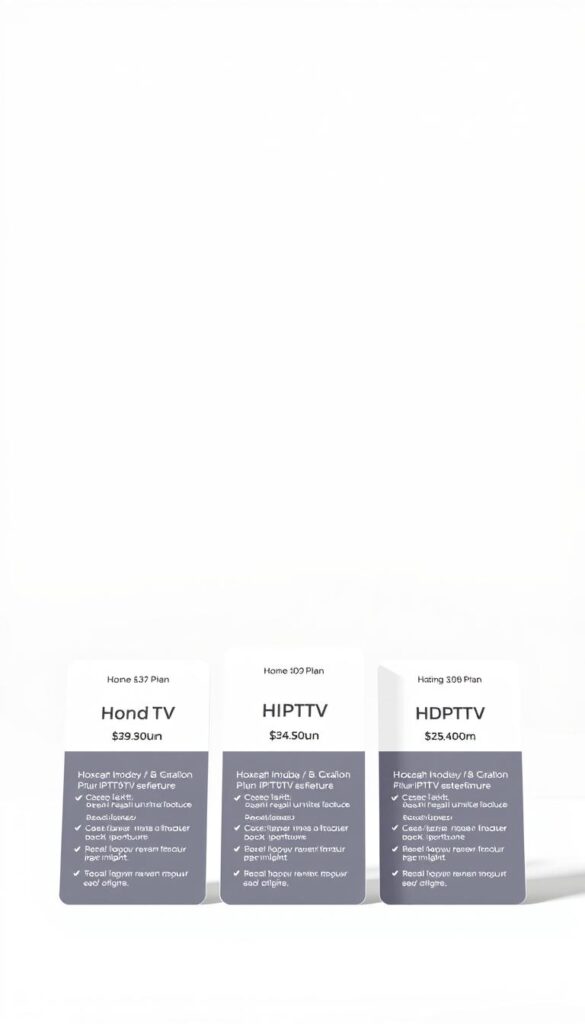 A high-quality, minimalist-style illustration showcasing the Hoxtoon Provider IPTV subscription plans. In the foreground, three neatly aligned plan cards with bold, elegant typography display the plan names, pricing, and key features. The cards are set against a clean, light-colored background, creating a sense of simplicity and professionalism. In the middle ground, a subtle grid pattern or geometric shapes add visual interest without distracting from the main focus. The background features a soft, gradient-based color scheme, lending an air of sophistication. Lighting is natural and evenly distributed, highlighting the plan details without creating harsh shadows. The overall composition conveys a sense of clarity, organization, and high-quality IPTV services from the Hoxtoon Provider brand.