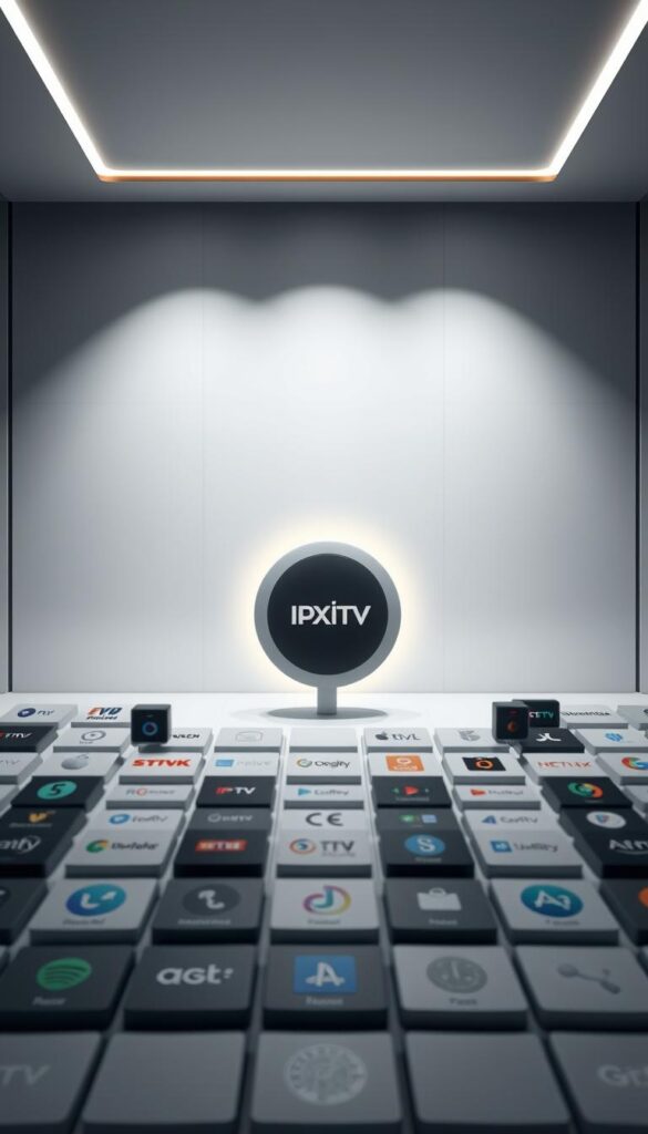 A high-quality, minimalistic comparison of IPTV providers, featuring the Hoxtoon Provider brand prominently in the center. The scene is set against a sleek, modern backdrop with clean lines and a subtle gradient. In the foreground, various IPTV service icons and logos are arranged in a grid-like fashion, showcasing their key features and capabilities. The Hoxtoon Provider icon stands out, surrounded by a soft glow, emphasizing its position as the focus of the comparison. The lighting is soft and directional, creating depth and highlighting the important elements. The overall atmosphere conveys a sense of professionalism, technological sophistication, and informed decision-making.