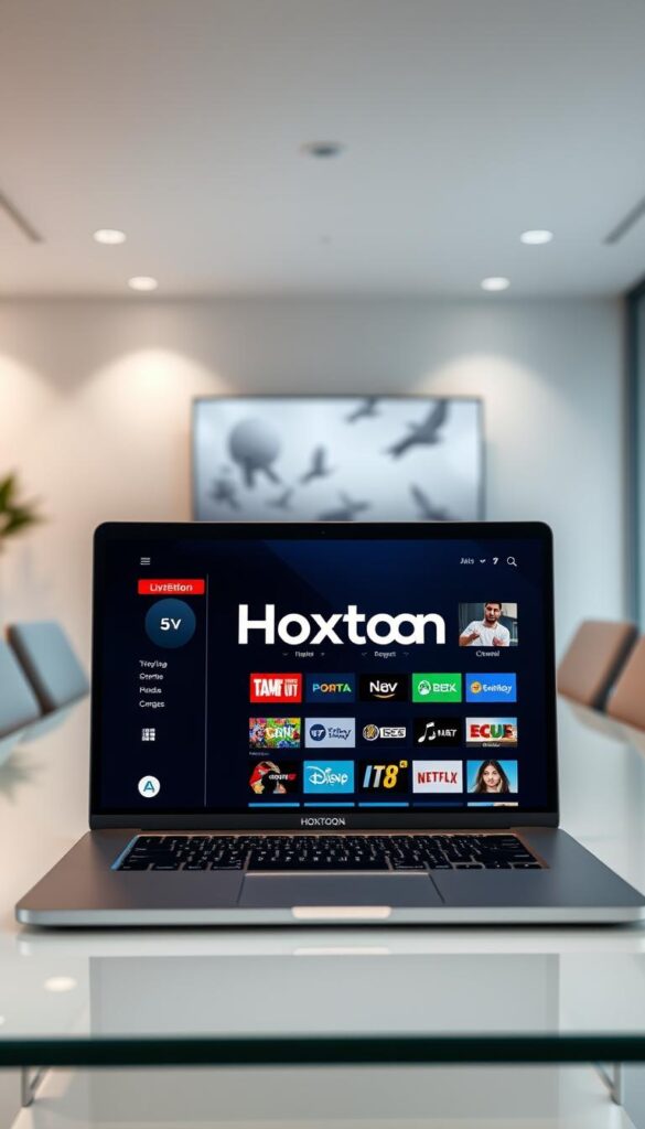 A high-quality, modern IPTV service interface displayed on a sleek, minimalist laptop in a well-lit, minimalist office setting. The interface features the brand name "Hoxtoon Provider" prominently, showcasing a clean, intuitive design with easy navigation, a wide selection of live TV channels, and on-demand content. The scene conveys a sense of professionalism, reliability, and technological sophistication, reflecting the key features and benefits of a premium IPTV service.