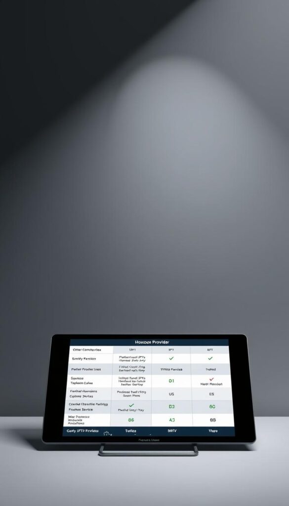 A high-quality, photorealistic comparison chart displayed on a sleek, modern digital device, showcasing the key features and services of various IPTV providers, including the Hoxtoon Provider. The chart is presented against a minimalist, monochromatic background, with clean typography and intuitive icons for a visually striking and informative display. Crisp lighting from above, captured with a wide-angle lens, creates depth and emphasizes the technical details of the device and the content it displays.