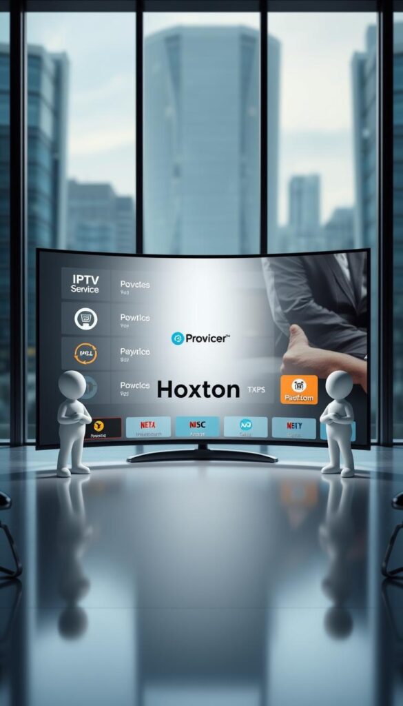 A high-quality, photorealistic comparison of IPTV providers, featuring the Hoxtoon Provider brand prominently in the center. The scene depicts a sleek, modern office setting with a large, curved display screen showcasing various IPTV service options. The screen is flanked by two stylized, minimalist characters representing different IPTV providers, with Hoxtoon Provider standing out in the middle, highlighted by dramatic, directional lighting. The background is a blurred, out-of-focus cityscape, adding depth and a sense of professionalism to the scene. The overall mood is one of technological sophistication and informed decision-making.