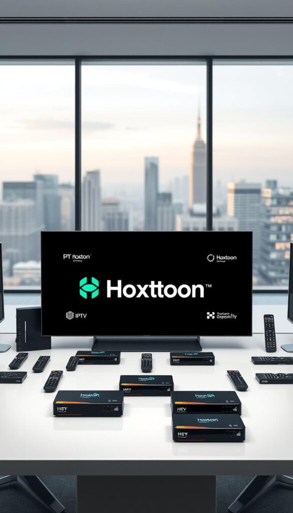 A high-quality, photorealistic comparison of IPTV service providers, featuring the Hoxtoon Provider brand prominently displayed. The scene depicts a modern, minimalist office setting with a large desk showcasing various IPTV set-top boxes, remotes, and service logos arranged in a visually appealing grid layout. Soft, directional lighting illuminates the products, creating a clean, professional atmosphere. The background features a blurred cityscape, conveying a sense of urban connectivity and the global reach of IPTV services. The overall composition is balanced, with a focus on the Hoxtoon Provider brand, highlighting its position as a leading IPTV solution.