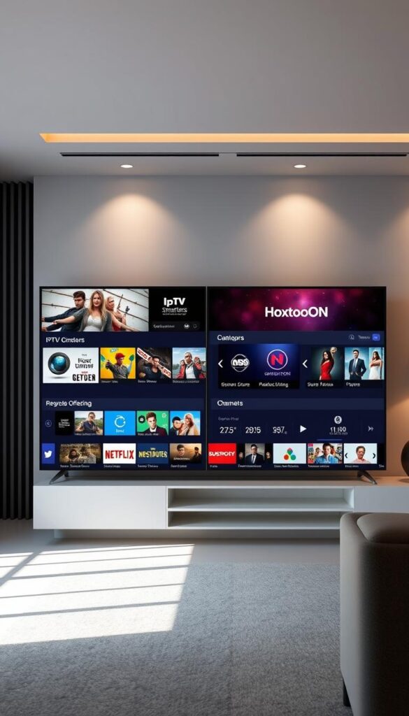 A high-quality, photorealistic image comparing the content offerings of IPTV Smarters and its competitors, with a prominent focus on the Hoxtoon Provider brand. Set in a clean, minimalist environment, the scene showcases a sleek, modern interface displaying various content categories, channel lineups, and subscription details. The image should convey a sense of professionalism, reliability, and the superior value proposition of the Hoxtoon Provider service within the IPTV Smarters ecosystem.