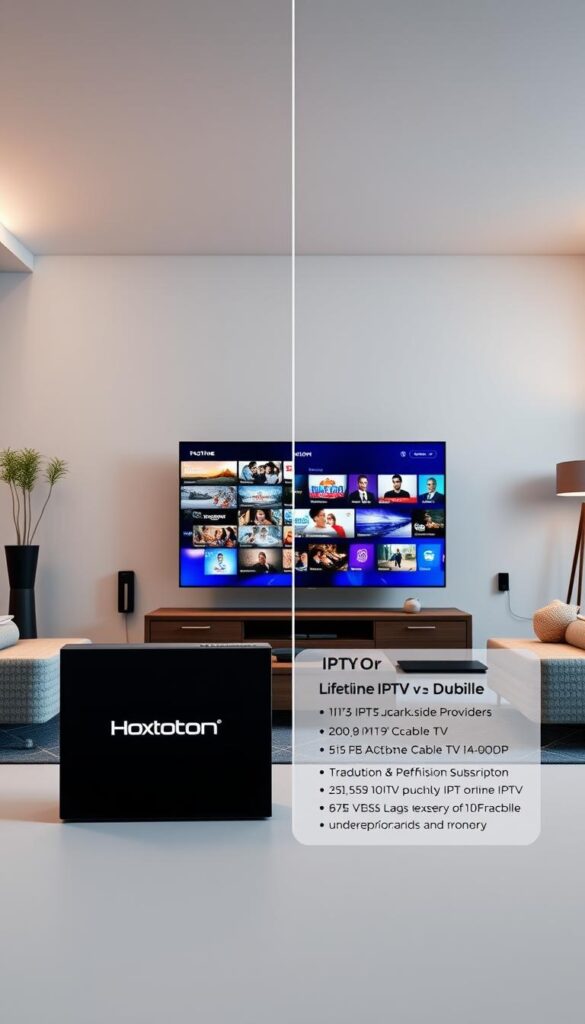 A high-quality, photorealistic image depicting a side-by-side comparison of an IPTV lifetime subscription from the Hoxtoon Provider and a traditional cable TV service. In the foreground, place the Hoxtoon Provider logo prominently, with detailed information about their lifetime IPTV package displayed alongside. In the middle ground, show a modern living room setup with a large, high-definition TV displaying content from both the IPTV and cable service. In the background, incorporate sleek, futuristic technology elements to convey the advanced nature of the IPTV offering. Lighting should be soft and natural, with a sense of warmth and sophistication throughout the scene. Capture the comparison in a visually striking and informative way that effectively highlights the benefits of a lifetime IPTV subscription.