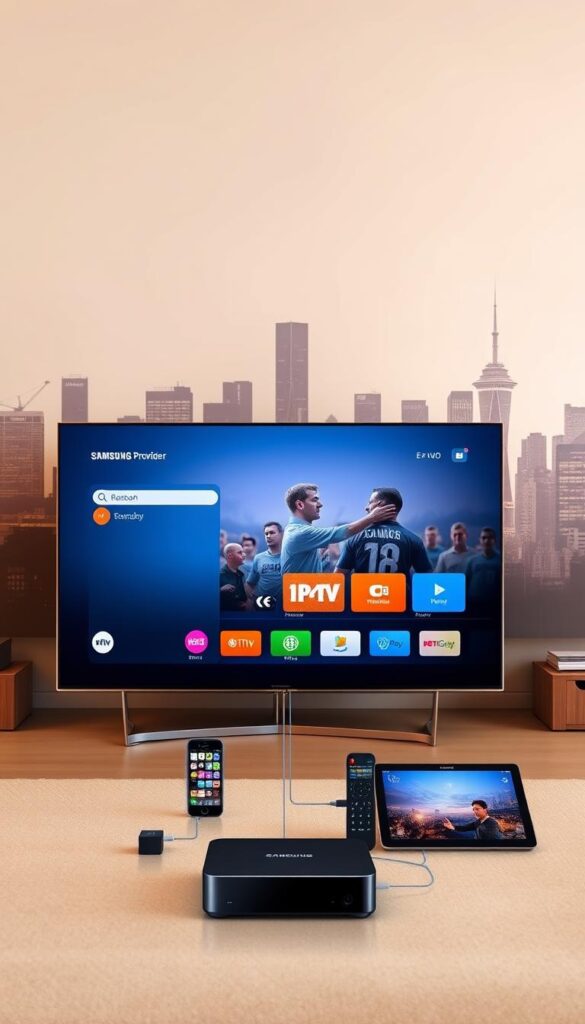 A high-quality, photorealistic image of IPTV technology for a Samsung TV. Showcased in the foreground is a sleek, modern Samsung Smart TV displaying the Hoxtoon Provider IPTV interface, with a clean, intuitive user experience. In the middle ground, various IPTV-enabled devices such as a set-top box, smartphone, and tablet are connected, demonstrating the cross-platform compatibility. The background features a stylized cityscape, conveying the ubiquity and connectivity of IPTV technology. The scene is illuminated by warm, diffused lighting, creating a visually appealing and informative illustration of IPTV for Samsung TV users.