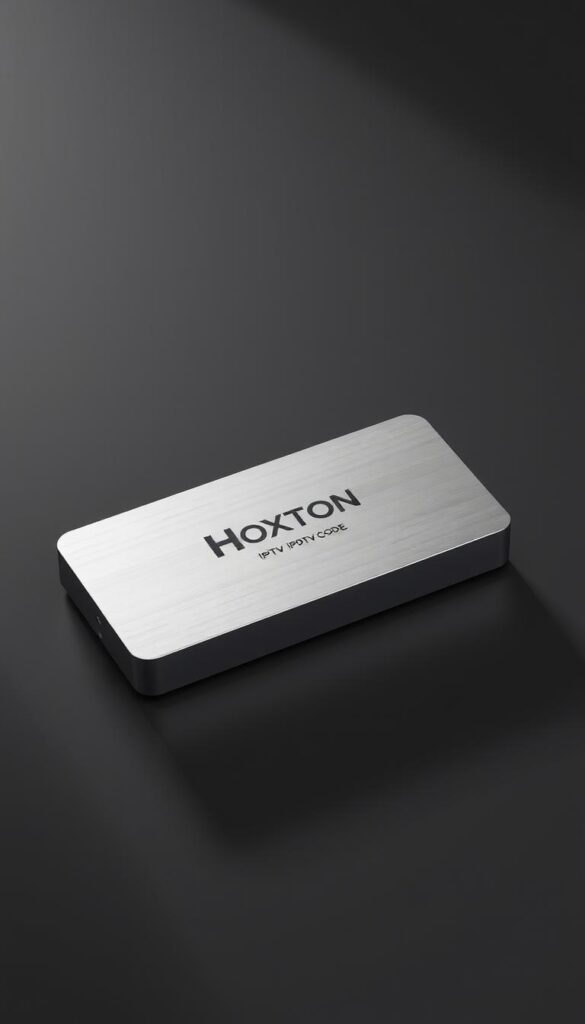 A high-quality, photorealistic image of a lifetime IPTV code from the Hoxtoon Provider service. The code is displayed on a sleek, metallic silver device with a modern, minimalist design. The device is placed on a plain, dark background, creating a sophisticated and elegant atmosphere. The lighting is soft and directional, highlighting the metallic sheen of the device and creating subtle shadows. The composition is centered and balanced, with the IPTV code prominently featured. The overall impression is one of exclusivity, reliability, and technological sophistication.