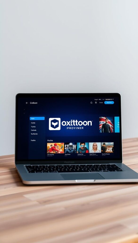 A high-quality, photorealistic image of a sleek, modern IPTV service provider interface displayed on a laptop or tablet screen. The screen prominently features the "Hoxtoon Provider" brand name and logo. The interface showcases a clean, intuitive design with various menu options and content thumbnails. The device is placed on a minimalist, wood-grain desk or table, with a subtle gray or white background. Soft, directional lighting creates depth and highlights the screen's details. The overall scene conveys a sense of professionalism, reliability, and a premium IPTV user experience.