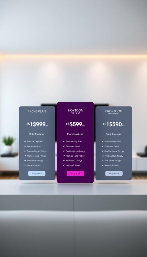 A high-quality, photorealistic image of a sleek, modern pricing table for the "Hoxtoon Provider" IPTV service. The table features three distinct pricing tiers, each with a clean, minimalist design and clear delineation of the included features. The foreground showcases the pricing tiers in a grid layout, with a focus on the plan names, monthly costs, and key benefits. The middle ground includes subtle icons and infographic elements that visually highlight the differences between the plans. The background has a slightly blurred, out-of-focus view of a living room or home entertainment setup, hinting at the intended use case for the IPTV service. The overall mood is sleek, professional, and informative, guiding the viewer's attention to the essential pricing details.