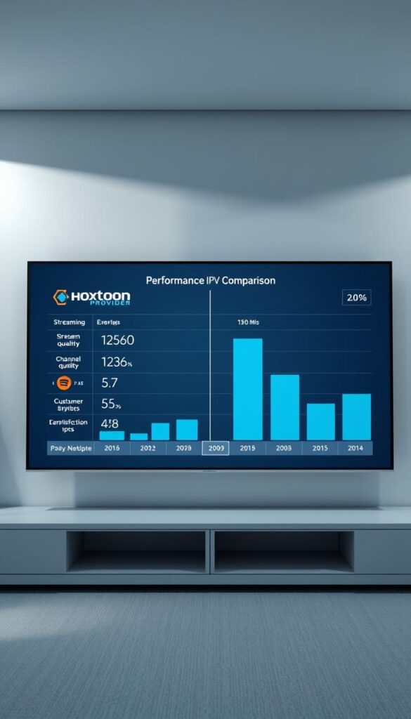 A high-quality, photorealistic image of an IPTV performance comparison, showcasing the Hoxtoon Provider service. The image features a sleek, minimalist design with a large central graph or chart displaying various performance metrics such as streaming quality, channel availability, and customer satisfaction. The graph is set against a clean, modern background with subtle gradients and textures, creating a professional and informative atmosphere. The lighting is soft and diffused, accentuating the clarity of the data visualization. The camera angle is slightly elevated, giving the viewer a comprehensive overview of the comparison. The overall tone is one of authority and objectivity, inviting the viewer to make an informed decision about the Hoxtoon Provider IPTV service.