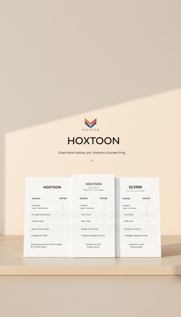 A high-quality, photorealistic image of the "HOXTOON Pricing Plans" on a stylish, minimalist web page design. The foreground features a clean, modern table displaying the different HOXTOON subscription tiers, with clear pricing, features, and benefits. The middle ground showcases the Hoxtoon Provider brand name and logo in a sleek, prominent placement. The background has a subtle, soft-focus gradient in calming, complementary colors, creating a professional, visually-appealing composition. The lighting is natural and evenly distributed, with a slightly warm tone. The camera angle is straight-on, providing a clear, unobstructed view of the pricing information. The overall mood is one of sophistication, clarity, and value.