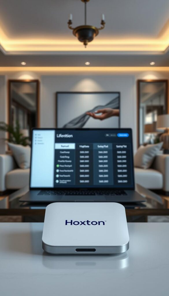 A high-quality, photorealistic image of the "Hoxtoon Provider" IPTV lifetime subscription plan. In the foreground, a sleek, minimalist device displaying the Hoxtoon logo and the "Lifetime Subscription" offer. The middle ground features a laptop or tablet displaying the pricing details, including the various subscription tiers and associated costs. The background showcases a clean, modern living room setting, with subdued lighting and elegant decor, creating a sense of premium quality and reliability. The overall tone is sophisticated, conveying the value and longevity of the Hoxtoon IPTV lifetime offer.