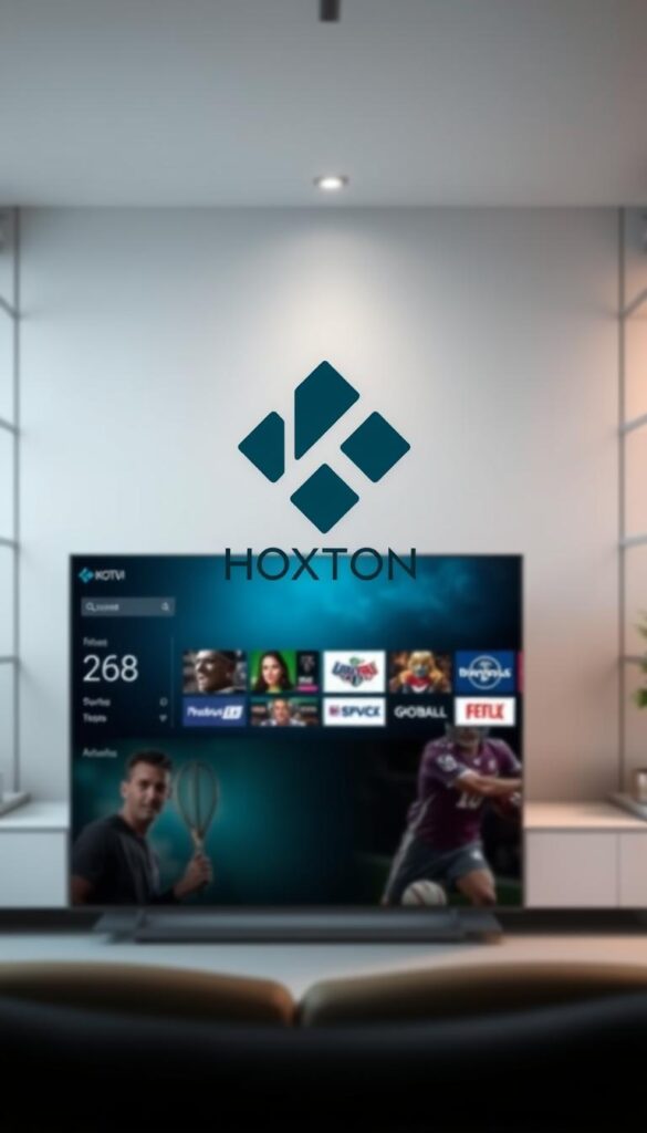 A high-quality, photorealistic image of the "best IPTV for Kodi" featuring the Hoxtoon Provider brand, set against a modern, minimalist backdrop. In the foreground, a Kodi media center interface is prominently displayed, showcasing a clean, intuitive layout with a focus on live TV channels and sports programming. The middle ground features a sleek, sophisticated Hoxtoon Provider logo, conveying a sense of reliability and premium service. The background is a softly blurred, neutral-toned environment, allowing the key elements to stand out. The overall mood is one of professionalism, functionality, and technological sophistication, reflecting the essential features one would expect from the "best IPTV for Kodi."