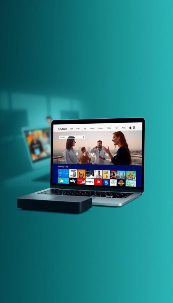 A high-quality, professional-looking image of the "Hoxtoon Provider" IPTV service, showcasing its features and reliability. The image should have a clean, modern design with a prominent display of the Hoxtoon logo and branding. The foreground should feature a laptop or mobile device displaying the Hoxtoon user interface, highlighting the intuitive navigation and wide selection of TV channels. The middle ground should depict people enjoying various content on their devices, conveying the seamless user experience. The background should have a blurred, out-of-focus cityscape or home environment, suggesting the versatility and accessibility of the Hoxtoon IPTV service. The lighting should be soft and natural, creating a professional and trustworthy atmosphere. The overall mood should be one of confidence, reliability, and quality.