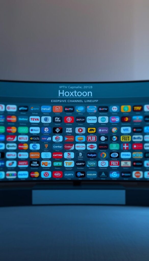 A high-quality, realistic digital illustration showcasing the extensive channel lineup of the Hoxtoon IPTV Provider. In the foreground, a sleek and modern user interface displays a comprehensive grid of channel logos, each with clear, legible text. The middle ground features a minimalist, yet elegant layout, with clean typography and well-organized sections. In the background, a subtle, blurred pattern or texture adds depth and visual interest, conveying a sense of premium quality. The overall composition is visually striking, with a focus on clarity, organization, and the Hoxtoon brand identity. Soft, diffused lighting creates a warm, inviting atmosphere, highlighting the breadth and variety of the channel selection.