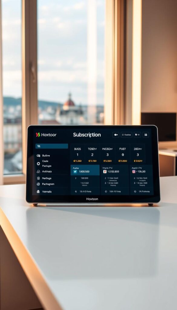 A high-quality, sleek and modern digital device displaying the Hoxtoon Provider IPTV subscription plans and pricing options for Austria. The device is situated on a minimalist, clean white desk, with a blurred cityscape of Vienna visible through a window in the background. Warm, natural lighting illuminates the scene, creating a professional and inviting atmosphere. The Hoxtoon Provider logo is prominently displayed, while the screen showcases various subscription tiers, channel packages, and pricing details in a visually appealing and easy-to-navigate layout.