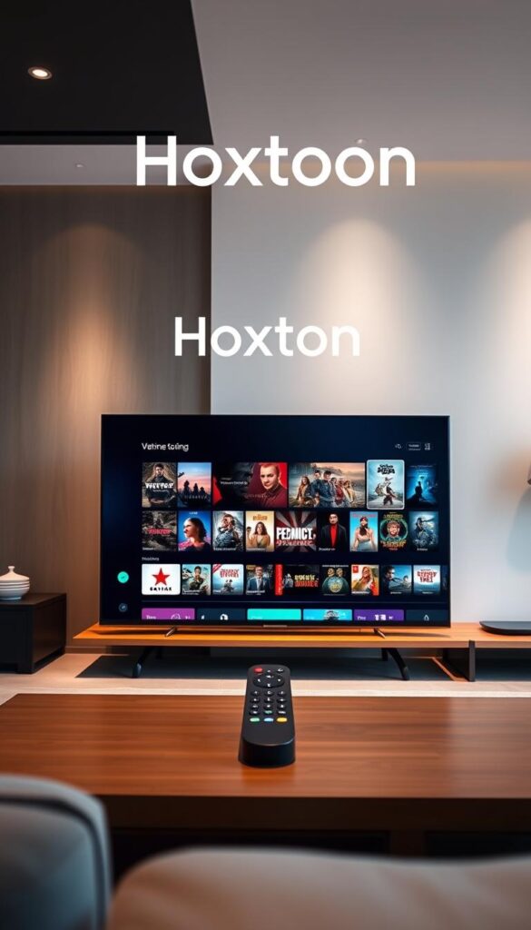 A high-quality, state-of-the-art IPTV service with an expansive VOD library, showcased in a sleek, minimalist interface. The Hoxtoon Provider brand logo prominently displayed, conveying a sense of professionalism and reliability. In the foreground, a modern smart TV screen showcases a diverse selection of on-demand content, ranging from the latest blockbusters to classic movies and TV shows. The middle ground features a sophisticated remote control, symbolizing the ease of navigation and seamless user experience. The background depicts a stylish, contemporary living room setting, with subtle lighting and elegant furnishings, creating an immersive, premium atmosphere.