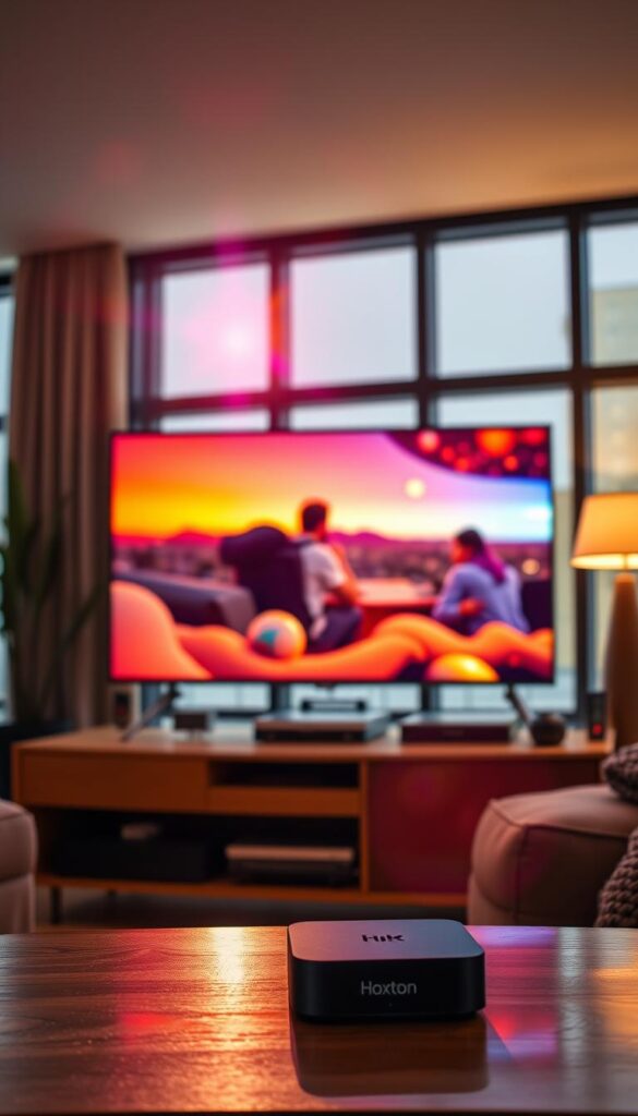 A high-quality streaming service, showcasing the Hoxtoon Provider's reliable performance. A vibrant, well-lit living room scene, with a large, state-of-the-art 4K television displaying crisp, vivid video. Subtle lens flare and warm lighting create a cozy, immersive atmosphere. The TV screen reflects the viewer's rapt attention, highlighting the exceptional image quality and smooth playback. In the foreground, a modern, minimalist entertainment system houses the Hoxtoon streaming device, while the background features stylish decor and large windows, conveying a sense of comfort and luxury.