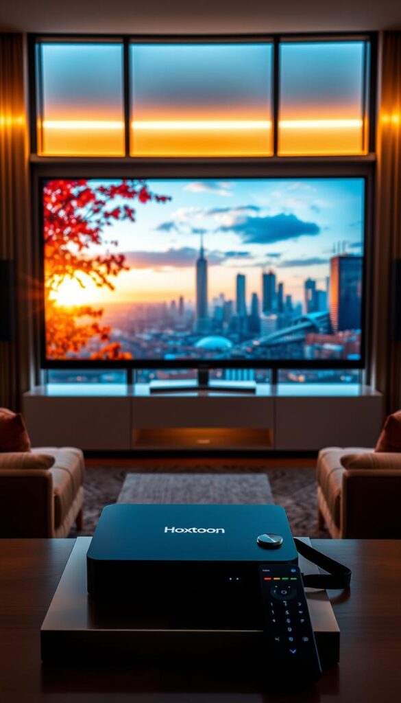 A high-quality, ultra-sharp image showcasing the exceptional streaming capabilities of the Hoxtoon Provider IPTV service. The scene depicts a living room setting, with a large, modern television screen displaying crisp, vibrant visuals. The foreground features sleek, high-end home entertainment equipment, including a state-of-the-art Hoxtoon IPTV set-top box and a premium remote control. The middle ground showcases a cozy, well-lit living space with plush furniture and warm, indirect lighting, creating a comfortable and inviting atmosphere. In the background, a large window overlooks a picturesque city skyline, bathed in the golden glow of the setting sun, conveying a sense of sophistication and technological advancement. The overall image exudes a feeling of premium quality, exceptional performance, and immersive entertainment, perfectly aligning with the Hoxtoon Provider's technical capabilities.
