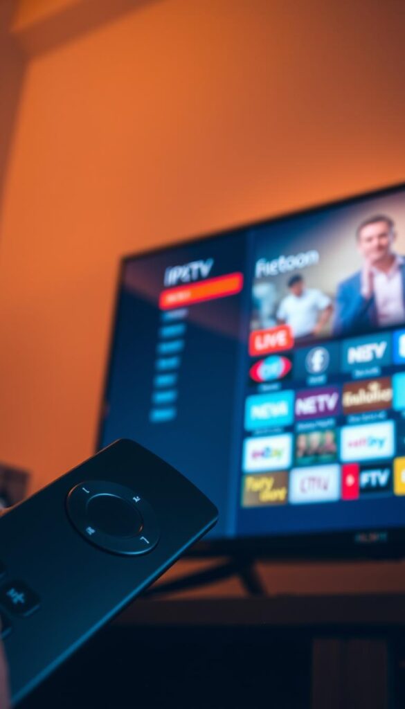 A high-resolution, close-up view of a Hoxtoon Provider IPTV subscription service displayed on a modern flat-screen Firestick device. The scene is bathed in warm, diffused lighting that creates a cozy, inviting atmosphere. The Firestick's sleek, black design and tactile remote are prominently featured, hinting at the seamless integration between the two components. The IPTV interface showcases a clean, user-friendly layout with intuitive navigation, emphasizing the ease of accessing a vast library of live TV channels and on-demand content. The overall composition conveys the idea of a premium, reliable IPTV solution tailored for the Firestick platform.
