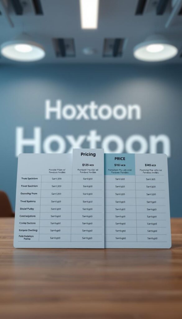 A high-resolution, detailed illustration of the Hoxtoon Provider's pricing plans and packages. Shown in the foreground is a clean, modern table layout with various subscription tiers, their corresponding prices, and the features included. The table is set against a blurred background of the Hoxtoon logo, showcasing the brand. The lighting is soft and evenly distributed, creating a professional and informative atmosphere. The angle is slightly elevated to provide a clear view of the pricing information. The color palette is muted, using shades of blue, gray, and white to maintain a minimalist and elegant aesthetic.