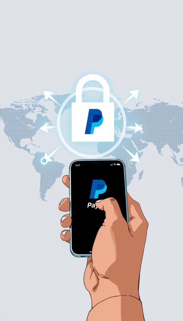 A high-resolution digital illustration depicting the secure payment process of the Hoxtoon Provider IPTV service using PayPal. In the foreground, a hand holding a smartphone is shown making a transaction through the PayPal app, with the PayPal logo and UI elements prominently displayed. In the middle ground, a secure padlock icon and data encryption symbols signify the safety and privacy of the transaction. The background features a stylized world map, conveying the global reach and accessibility of the Hoxtoon IPTV service. The overall tone is sleek, modern, and reassuring, highlighting the reliability and trustworthiness of PayPal as a payment method for IPTV subscriptions.
