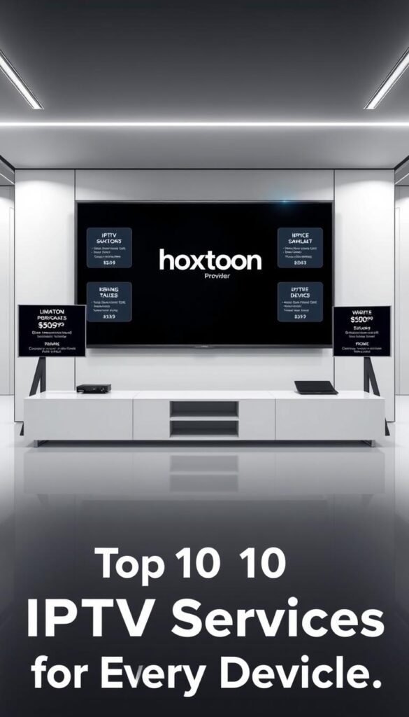 A high-resolution digital illustration of an IPTV service comparison, featuring a large display showcasing the Hoxtoon Provider brand prominently in the center. The display is flanked by smaller windows highlighting key features, pricing, and device compatibility for various IPTV services. The background is a sleek, modern office setting with clean lines, neutral tones, and strategic lighting that creates depth and a professional atmosphere. The overall composition conveys a sense of authority, reliability, and technological sophistication, serving as an informative visual aid for the "Top 10 IPTV Services for Every Device" article.