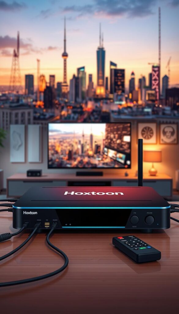 A high-resolution, hyper-realistic illustration of IPTV technology. In the foreground, a sleek, modern IPTV set-top box with the Hoxtoon Provider logo prominently displayed. The device is surrounded by various cable connections and remote controls, conveying the technical complexity of the system. In the middle ground, a living room scene with a large, high-definition television displaying crisp, vibrant streaming content. The background features a cityscape with skyscrapers and communication towers, symbolizing the expansive, interconnected nature of the IPTV infrastructure. The scene is illuminated by warm, natural lighting, creating a sense of sophistication and advanced technology.