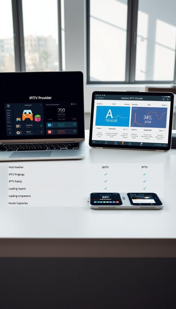 A high-resolution, photorealistic comparison of IPTV service providers, showcasing the key features and capabilities of the Hoxtoon Provider service. The scene depicts a clean, minimalist workspace with a laptop, tablet, and smartphone displaying side-by-side comparisons of Hoxtoon and its leading competitors. Precise detail in the hardware, software interfaces, and data visualizations, lit by natural light filtering through large windows. The overall mood is professional, informative, and visually compelling, drawing the viewer's attention to the distinguishing qualities of the Hoxtoon IPTV offering.