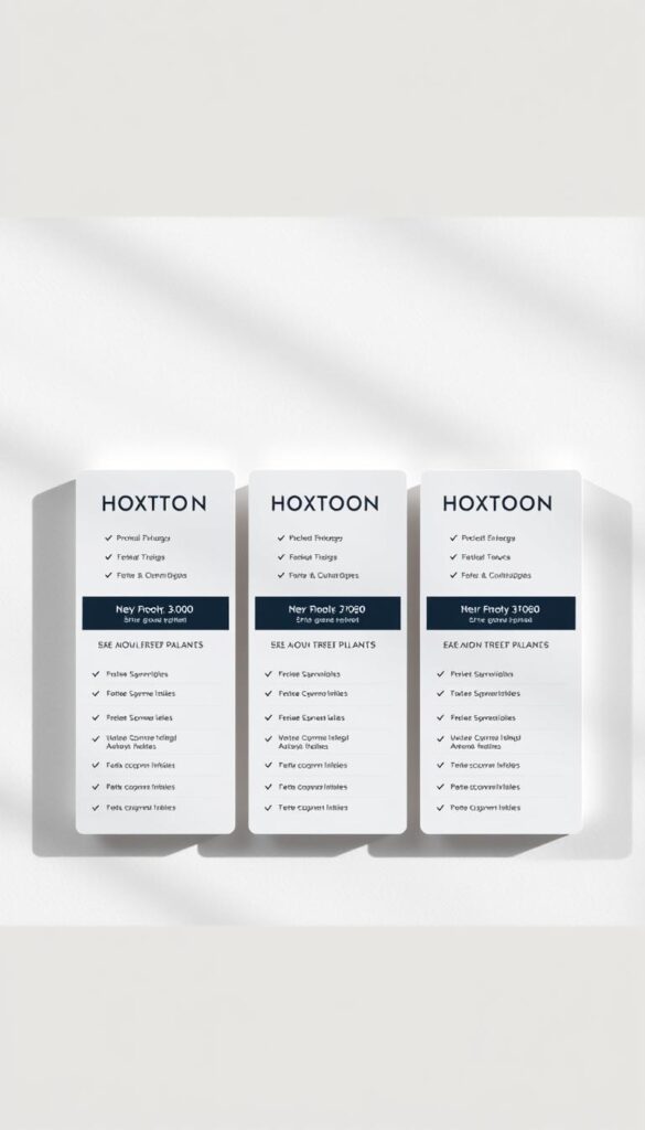 A high-resolution, photorealistic image of Hoxtoon Provider's IPTV subscription plans. The image shows a modern, minimalist design with three distinct plans arranged in a grid layout. Each plan is presented in a clean, rectangular card with a prominent title, detailed pricing information, and a bulleted list of included features. The cards are set against a soft, gradient background with subtle textures, conveying a sense of professionalism and luxury. The lighting is natural and directional, casting subtle shadows and highlights to accentuate the plans' details. The overall composition is balanced and visually appealing, making it an ideal illustration for the "Hoxtoon Pricing Plans Explained" section of the IPTV review article.
