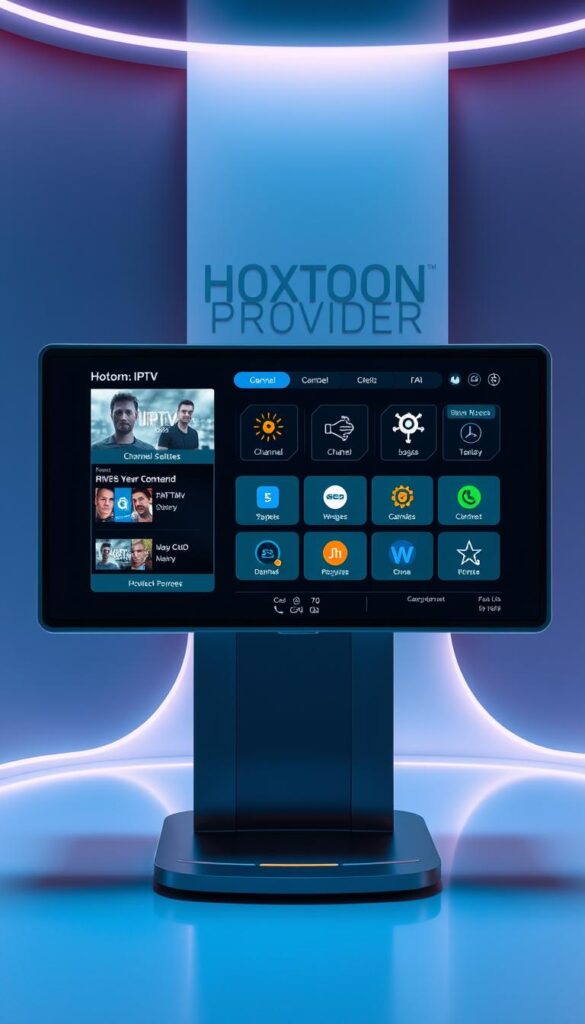 A high-tech IPTV control panel, featuring the Hoxtoon Provider brand, displayed on a sleek, futuristic interface. The panel showcases various IPTV features and functionalities, including channel selection, on-demand content, and user account management. The scene is illuminated by a soft, ambient lighting that creates a modern, minimalist atmosphere. The layout is clean and intuitive, with clear icons and menus, reflecting the advanced nature of IPTV technology. The overall impression is one of a sophisticated, user-friendly IPTV system that can seamlessly integrate into a modern home or office environment.