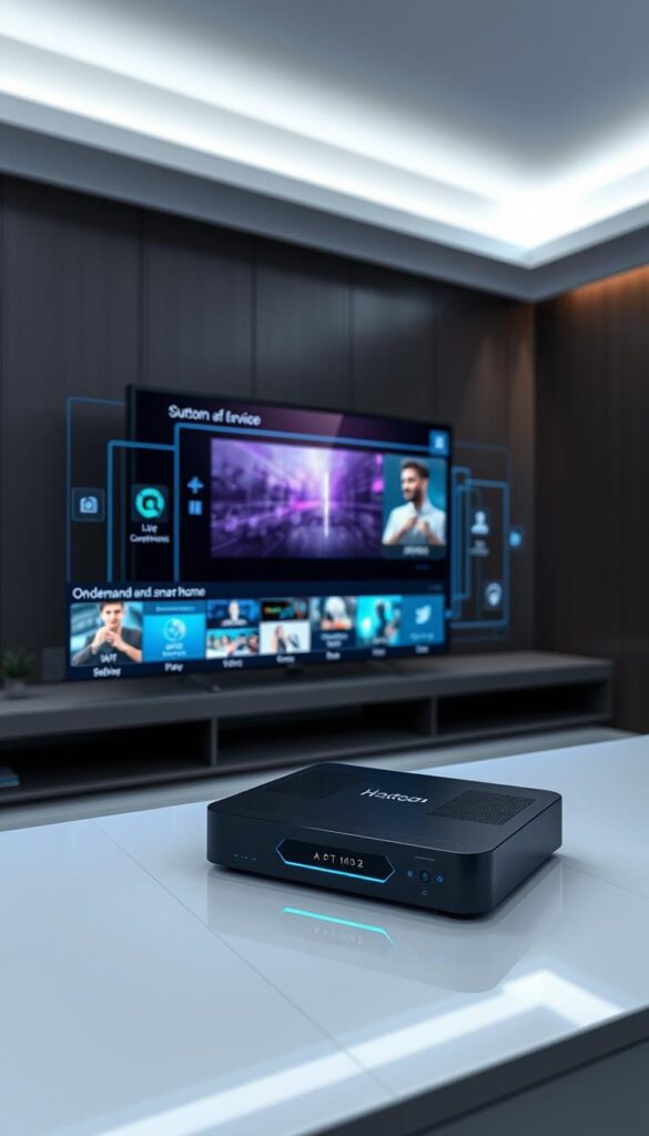 A high-tech control panel displaying a Hoxtoon Provider IPTV interface. In the foreground, a sleek black set-top box with glowing blue accents, conveying the device's advanced capabilities. The middle ground features a vibrant, holographic display showcasing live TV channels, on-demand content, and smart home integrations. The background is a sophisticated, minimalist environment with subtle lighting that creates a sense of technological elegance. The overall scene conveys the seamless, modern, and comprehensive nature of the Hoxtoon Provider IPTV system.
