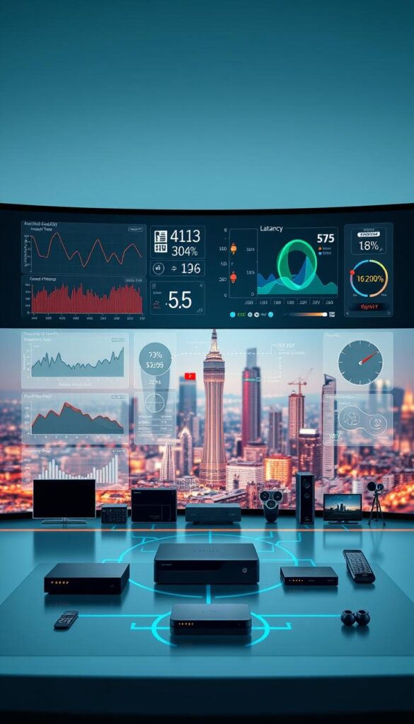 A high-tech control panel showcasing the streaming quality of the Hoxtoon Provider IPTV service. The foreground features a sleek, minimalist interface with various graphs, charts, and statistics displaying data on resolution, bitrate, latency, and more. The middle ground depicts a series of connected devices, such as smart TVs, set-top boxes, and mobile devices, demonstrating the seamless integration of the Hoxtoon Provider platform. The background presents a futuristic cityscape, hinting at the global reach and advanced infrastructure powering the IPTV service. The overall scene conveys a sense of technological sophistication, reliability, and the ability to deliver a top-notch streaming experience.