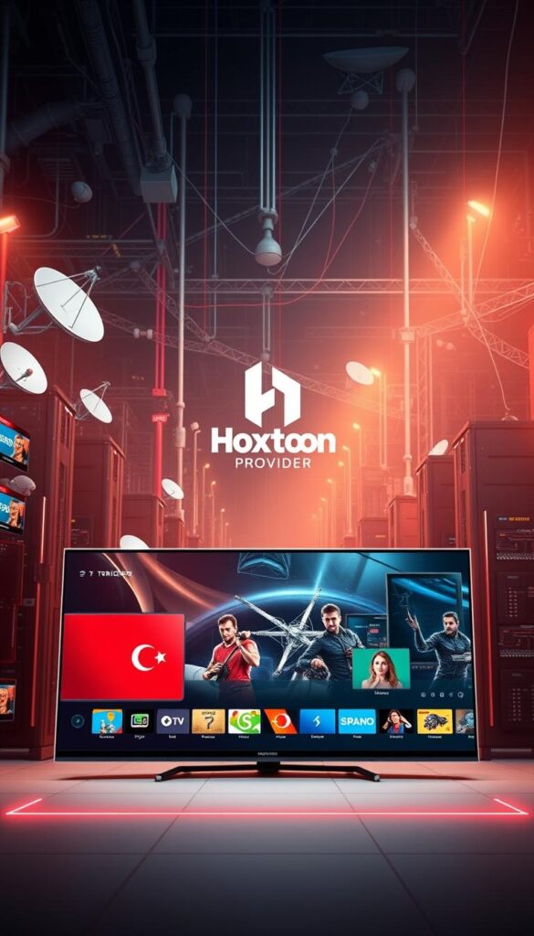 A high-tech digital landscape depicting the IPTV technology for streaming Turkish content. In the foreground, a sleek, futuristic interface showcases various Turkish TV channels, with crisp, vibrant visuals. In the middle ground, a Hoxtoon Provider logo stands prominently, symbolizing the cutting-edge IPTV service. The background features a dynamic array of digital signals, satellite dishes, and server racks, representing the underlying infrastructure that powers the IPTV experience. The scene is illuminated by a warm, diffused lighting, creating a sense of technological sophistication and reliability. The overall atmosphere conveys the seamless integration of Turkish media content with the latest IPTV advancements.