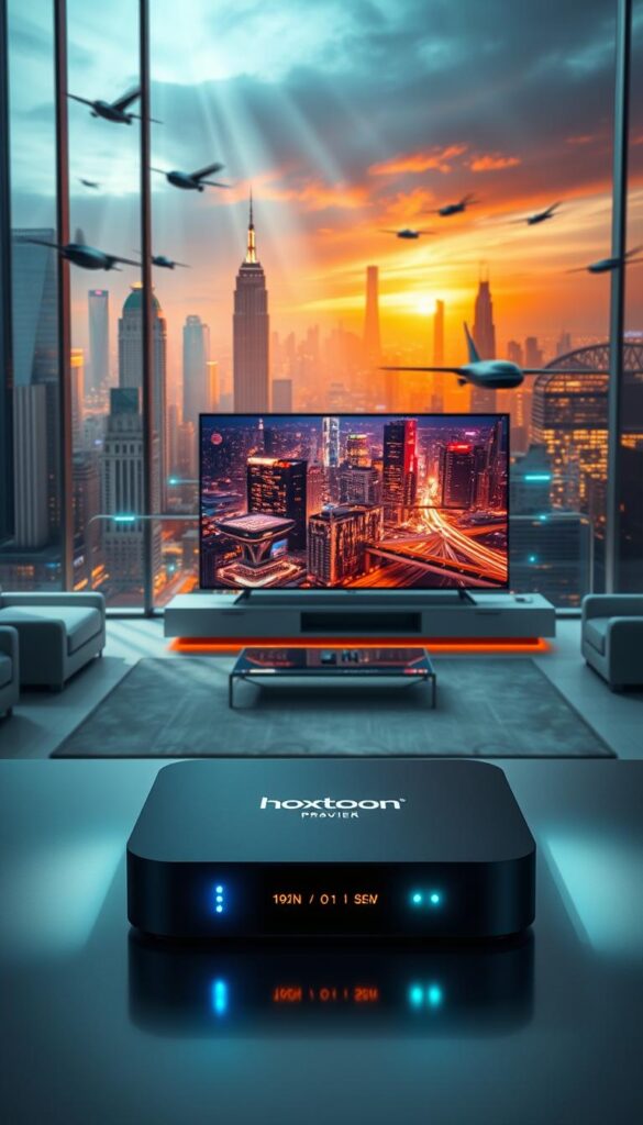 A high-tech future-focused IPTV streaming solution. In the foreground, a sleek, minimalist Hoxtoon Provider device with glowing indicator lights, casting a soft ambient glow. In the middle ground, a modern living room scene with a large 4K television displaying vibrant, cinematic imagery. The background is filled with a futuristic cityscape of towering skyscrapers, flying cars, and a hyper-connected smart grid. Dramatic lighting creates depth and atmosphere, with rays of light streaming through floor-to-ceiling windows. The overall scene conveys a sense of technological innovation, seamless connectivity, and the evolution of home entertainment.