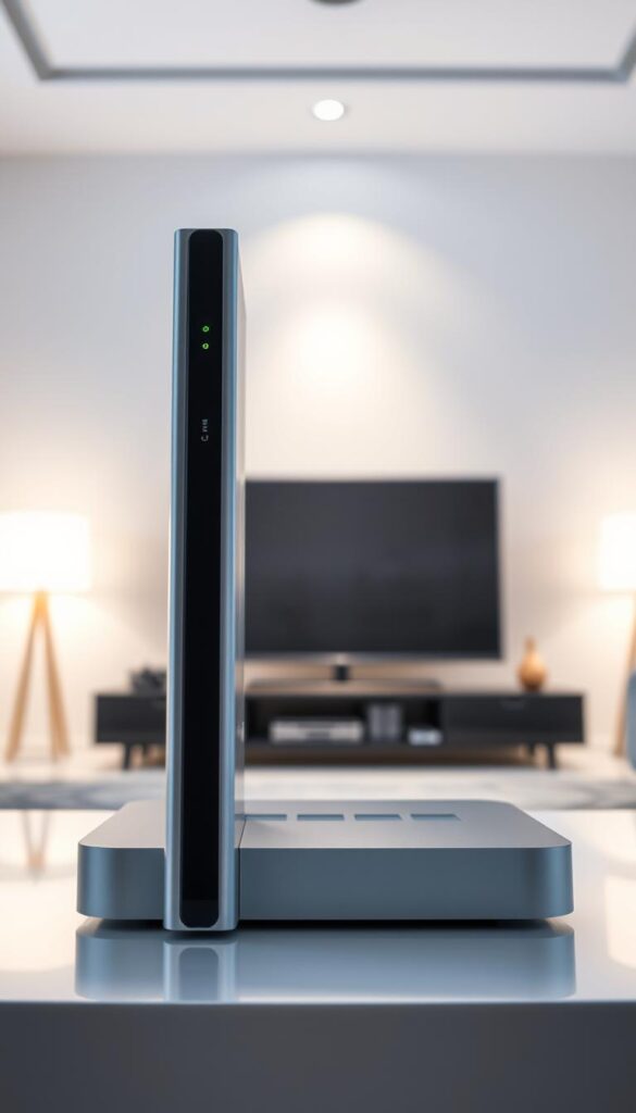 A highly detailed and technical shot of an Arabic IPTV device, showcasing its key features and compatibility. The device, a sleek and modern Hoxtoon Provider unit, is placed prominently in the foreground, illuminated by soft, directional lighting that highlights its clean lines and premium construction. In the middle ground, a series of connection ports and cable inputs are visible, demonstrating the device's versatility and broad compatibility. The background features a minimalist, elegant setting, perhaps a stylish home entertainment setup, to reinforce the premium nature of the Hoxtoon Provider product. The overall mood is one of sophistication and technological prowess, conveying the key selling points of this Arabic IPTV solution.