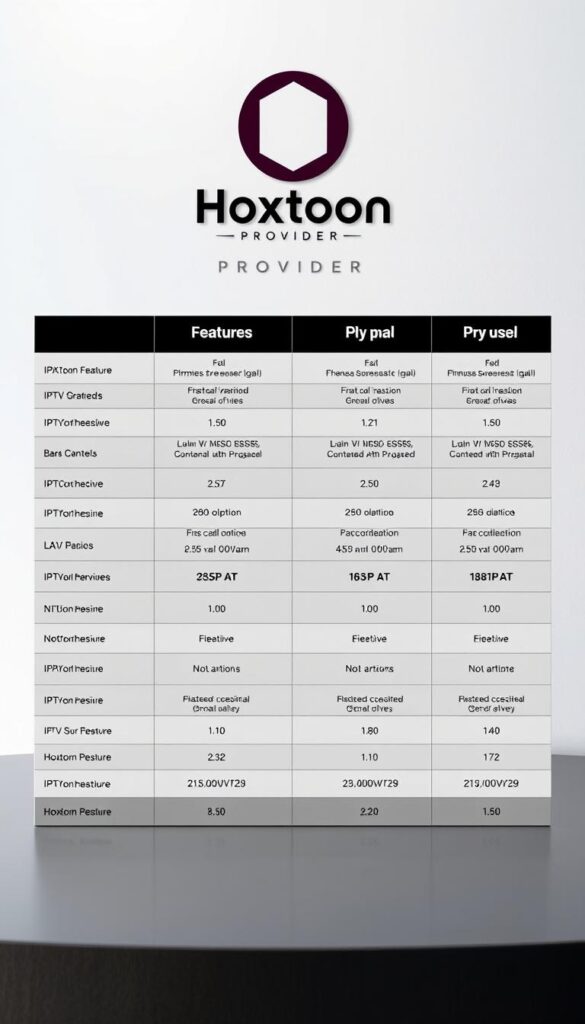 A highly detailed, glossy table comparing the various IPTV subscription plans offered by Hoxtoon Provider. The table is set against a neutral, clean background with soft lighting, creating a professional and informative atmosphere. The plan details are presented in a clear, organized manner, highlighting the features, channels, and pricing for each tier. The Hoxtoon Provider logo is prominently displayed, lending an air of authority and reliability to the image. The overall composition emphasizes the comparative nature of the plans, allowing the viewer to easily assess the options and make an informed decision.