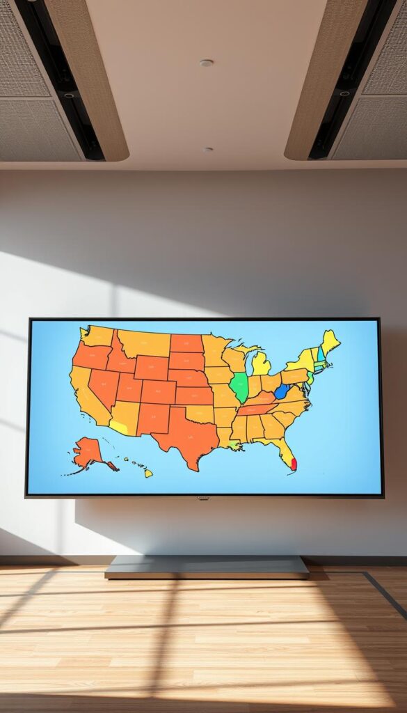A highly detailed, photorealistic illustration of the coverage map of Hoxtoon Provider, the leading IPTV service in the USA. The map shows the continental United States with state borders clearly delineated. The map is displayed on a large flat-screen display with a minimalist, sleek design. The screen is positioned in a modern, well-lit office setting, with large windows providing natural lighting from the side. The map is colorful and vibrant, with regions of the country color-coded to indicate the extent of Hoxtoon's service coverage, ranging from dense urban areas to more rural regions. The overall mood is one of authority, professionalism, and technological sophistication, reflecting Hoxtoon's position as a premier IPTV provider.