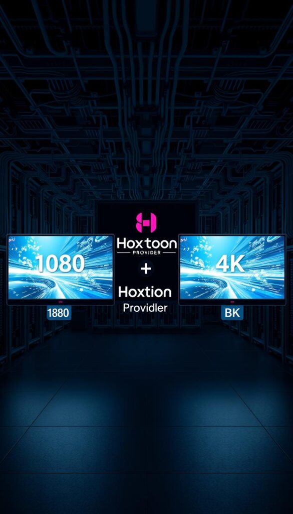 A highly detailed, technical illustration showcasing various IPTV streaming resolutions against a dark, industrial backdrop. In the foreground, a series of on-screen display windows demonstrate 1080p, 4K, and 8K resolutions, each with clear, precise visual representations. The middle ground features a Hoxtoon Provider logo, conveying the technical capabilities of this premium IPTV service. In the background, a complex matrix of digital data streams and cable connections creates a sense of sophisticated, cutting-edge infrastructure. The overall mood is one of technological prowess and high-performance video delivery.