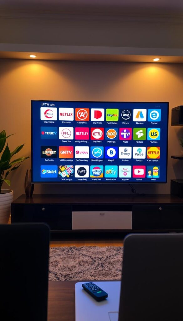 A large flat-screen TV displaying a grid of various IPTV channel logos and program thumbnails, illuminated by a warm and inviting lighting setup. The TV is placed on a sleek, modern media console, surrounded by sophisticated home decor elements like potted plants and decorative shelves. In the foreground, a remote control and a laptop or tablet device can be seen, hinting at the user-friendly, technology-driven nature of the Hoxtoon Provider IPTV service. The overall scene conveys a sense of high-quality entertainment, seamless connectivity, and a premium home media experience.