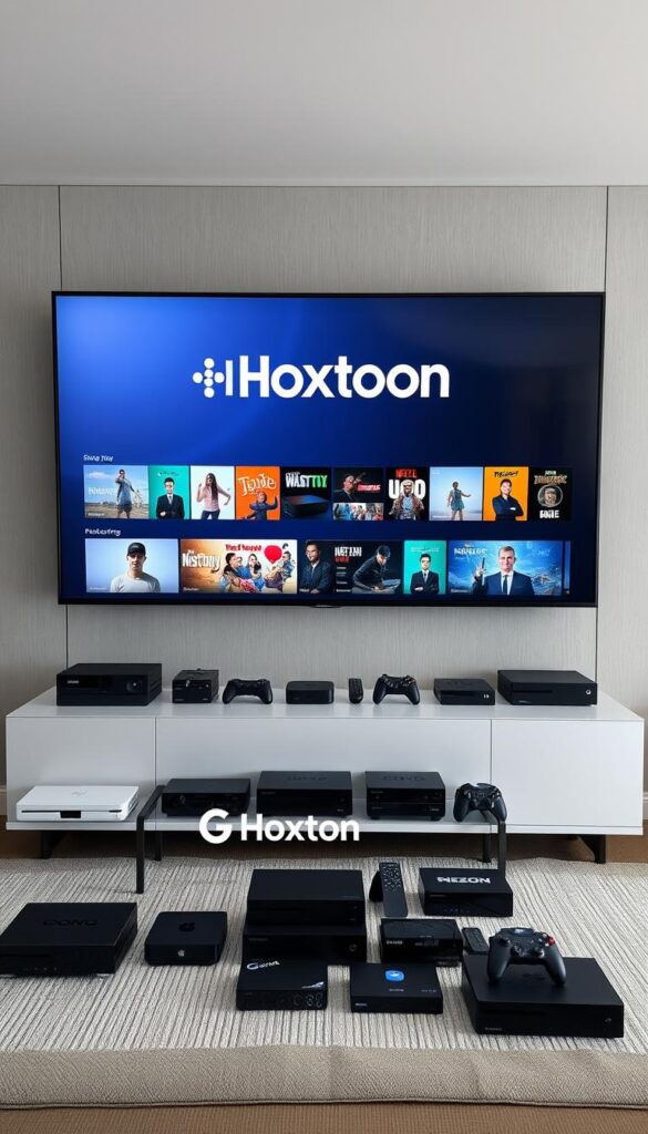 A large, modern entertainment center filled with various media and streaming devices, prominently displaying the "Hoxtoon Provider" brand. The scene is well-lit, with a clean, minimalist design and a sleek, high-tech aesthetic. In the foreground, a state-of-the-art smart TV takes center stage, its screen displaying a diverse array of content and channels. In the middle ground, several streaming boxes, gaming consoles, and other media devices are neatly arranged, showcasing the breadth of Hoxtoon's content library. The background features a seamless, neutral-toned wall, allowing the technology to take the spotlight. The overall impression is one of efficiency, quality, and an unparalleled selection of entertainment options.