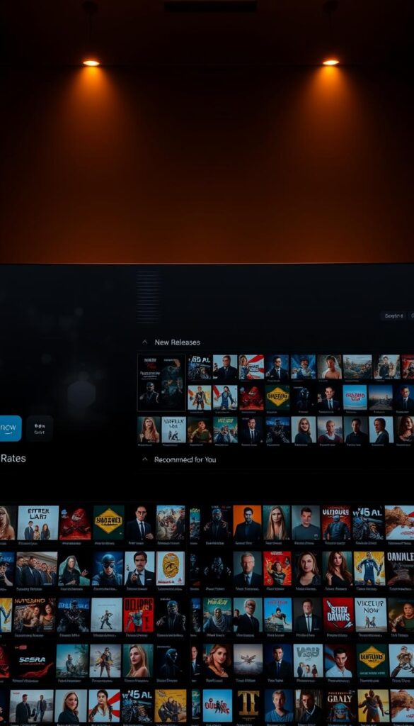 A large, sleek media center interface filled with a vast array of TV show and movie thumbnails, showcasing the extensive Hoxtoon Provider content library. The interface has a minimalist, high-tech design with clean lines and a dark, moody color palette. In the foreground, a grid of thumbnails displays a diverse range of popular and niche titles, with clear icons and labels. The middle ground features larger, highlighted sections for different content categories, such as "New Releases", "Top Rated", and "Recommended for You". The background subtly depicts a stylized cityscape, hinting at the global reach and depth of the Hoxtoon Provider's IPTV service. Warm lighting from above creates a sleek, premium feel, while subtle animations and transitions between sections add a sense of dynamism and interactivity.