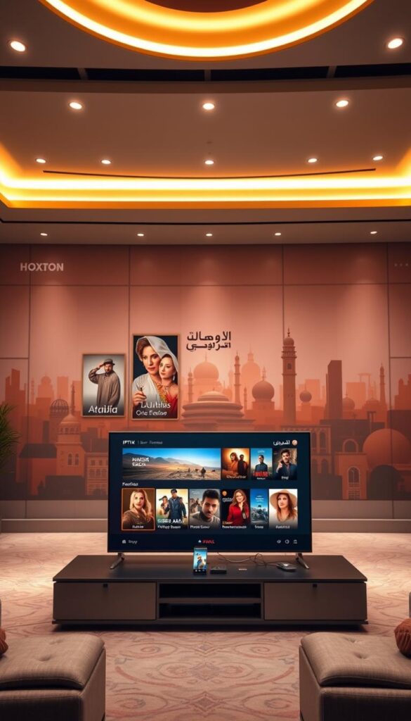 A lavish Arabic IPTV entertainment hub, showcasing the Hoxtoon Provider's vast on-demand library of over 150,000 titles. In the foreground, a sleek, minimalist TV interface displays a curated selection of the latest Arabic movies, series, and live channels. The middle ground features a cinematic poster wall, highlighting the diverse content available, from classic dramas to cutting-edge documentaries. In the background, a stylized cityscape with iconic Middle Eastern architecture sets the cultural tone, bathed in warm, golden lighting that evokes a sense of comfort and luxury. The overall scene conveys the seamless integration of cutting-edge technology and authentic Arabic entertainment, creating an immersive and accessible viewing experience.