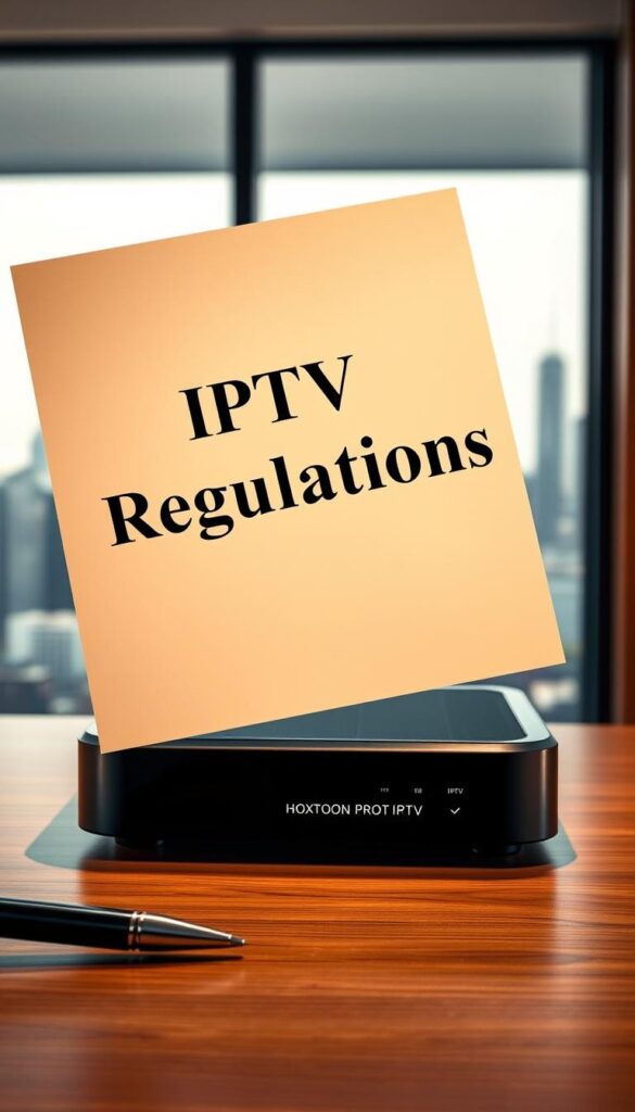 A legal document titled "IPTV Regulations" hovers in the foreground, its pages illuminated by a warm, directional light. In the middle ground, a Hoxtoon Provider IPTV box sits on a wooden desk, its sleek, modern design complementing the formal legal document. The background features a blurred cityscape, hinting at the wider context of the IPTV industry and its regulatory environment. The overall scene conveys a sense of authority, professionalism, and the importance of understanding the legal landscape for IPTV services in the United States.