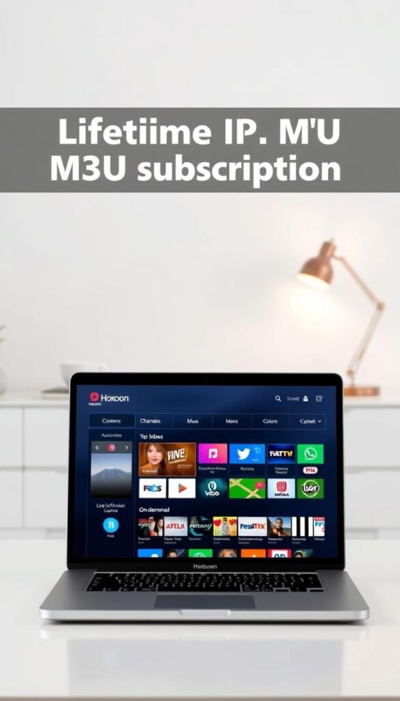 A lifetime IPTV m3u subscription service, like the one offered by Hoxtoon Provider, showcased against a sleek, minimalist background. In the foreground, a laptop or mobile device displays the Hoxtoon Provider's user interface, highlighting the intuitive navigation and access to a vast library of live TV channels and on-demand content. The middle ground features a clean, modern desk setup, with a cup of coffee and a stylish desk lamp, creating a professional, yet cozy atmosphere. The background is a simple, neutral-toned wall, allowing the technology and service to take center stage. The overall mood is one of efficiency, reliability, and the convenience of a lifetime IPTV m3u subscription, conveying the benefits of choosing this service over a monthly subscription.