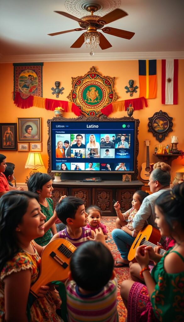 A lively Latino family gathering with vibrant, colorful decor in a warm, well-lit living room. In the foreground, a group of children and adults laughing and playing with traditional instruments like maracas and guitars. The middle ground features a large, ornate TV display showcasing a variety of Latino entertainment content from the Hoxtoon Provider. In the background, cultural artwork, flags, and decorative items create an authentic, festive atmosphere. The scene is captured with a wide-angle lens, creating a sense of depth and immersion. Overall, the image conveys a sense of joy, togetherness, and the rich cultural diversity of Latino entertainment for the whole family.