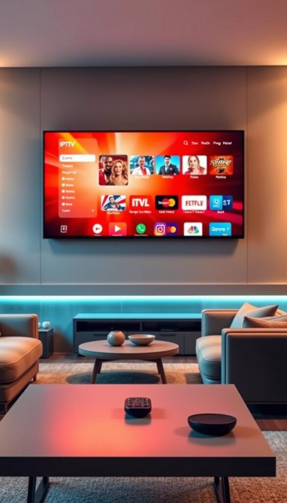 A living room interior with a large, sleek smart TV mounted on the wall. The TV screen displays a vibrant, high-definition image of an IPTV interface, showcasing the Hoxtoon Provider's multi-device streaming capabilities. The room is illuminated by warm, soft lighting, creating a cozy and inviting atmosphere. In the foreground, a modern, minimalist coffee table holds a remote control, hinting at the ease of use. The middle ground features comfortable-looking sofas and armchairs, suggesting a relaxed environment for enjoying content on multiple devices simultaneously. The background includes subtle decor elements that complement the contemporary style.