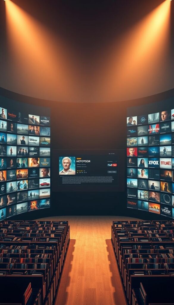 A massive and sleek on-demand video library, the Hoxtoon Provider VOD collection fills the screen with a visually striking interface. In the foreground, rows of high-definition thumbnails showcase a diverse array of titles, ranging from the latest blockbusters to classic films and documentaries. The middle ground features a central display panel, showcasing key information about the currently selected video in a clean, minimalist design. In the background, a subtle yet captivating gradient fills the space, creating a sense of depth and sophistication. Elegant lighting casts a warm, cinematic glow over the entire scene, inviting the viewer to dive into Hoxtoon's expansive library of over 150,000 on-demand videos.