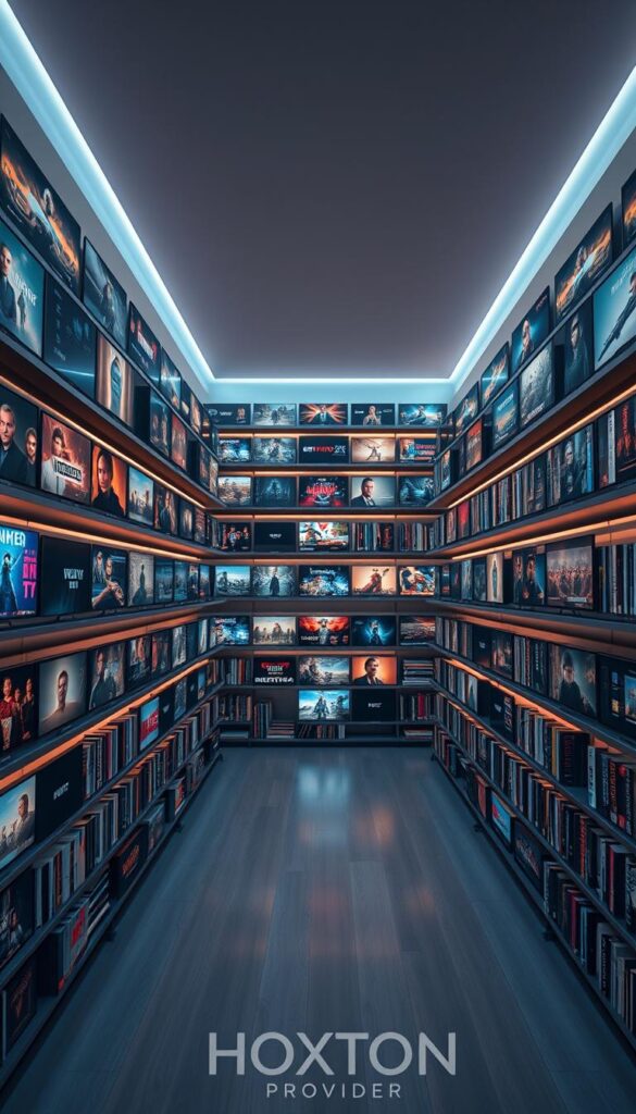 A massive digital library, shelves upon shelves of streaming content from the Hoxtoon Provider. Rows of 4K televisions showcasing a diverse array of movies, TV shows, live channels, and exclusive originals. Soft, directional lighting illuminates the scene, casting a warm, cinematic glow. The camera angle is slightly elevated, providing an immersive, panoramic view of the extensive collection. Sleek, minimalist design elements create a modern, premium aesthetic. Subtle hints of the Hoxtoon brand identity are present, conveying a sense of high-quality, reliable streaming services. The overall atmosphere exudes a sense of endless entertainment possibilities, ready to be explored by the viewer.